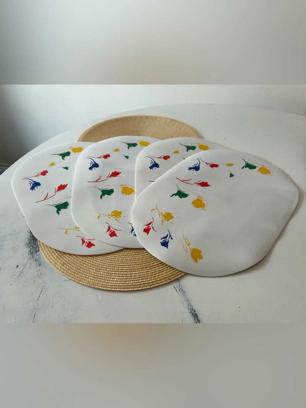 VTG Original 1970s Marimekko Vinyl-Covered Foam Placemats (4) Tulip Motif Color